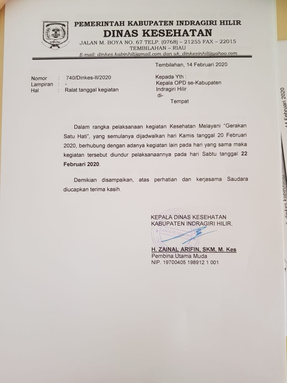 Kegiatan Kesehatan Melayani Gerakan Satu Hati di Undur Tanggal 22 Februari 2020