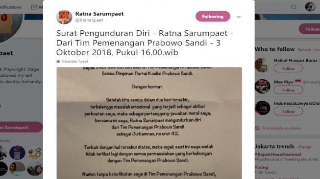 Ratna Sarumpaet Unggah Poto Pengunduran Diri dari Tim Pemenangan Prabowo-sandi